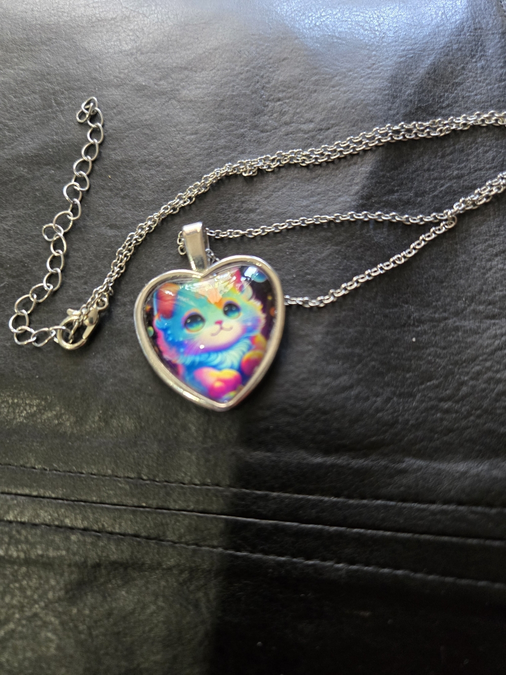 Silver Heart Cat Pendant Necklace - Multi-color Kitten Design